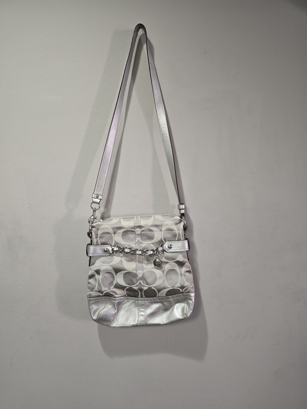 Coach Silver and Cream Signature Chain-Detail Crossbody